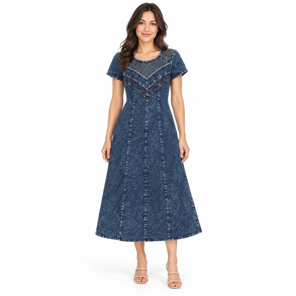 Olivia Rose 12P Acid Wash Denim Embroidered Boho Midi Dress Petite Vintage 90s